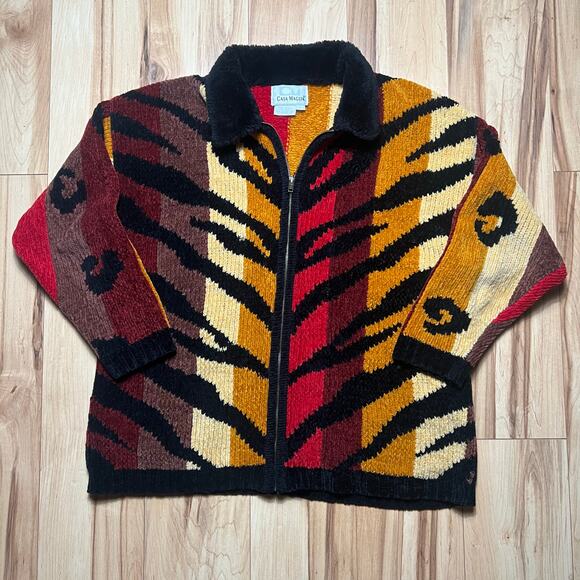 VINTAGE Y2K Tiger Stripe Knit Sweater Jacket Size Large Maximalist Striped - Picture 1 of 9